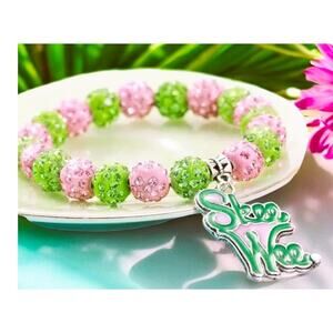 AKA Alpha Kappa‎ Alpha Bracelet Pink & Green Rhinestone Pearls with Charm